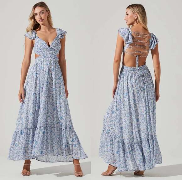 ASTR the Label Dresses & Skirts - ASTR the Label Blue Floral Ruffle Maxi Cut-Out Dress Size L